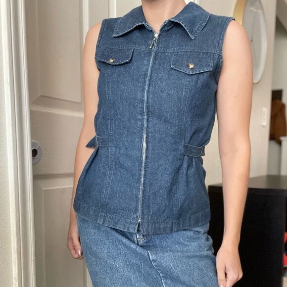 Vintage Denim Sleeveless Denim Zip Up Vest Size Medium Front Pockets Waist Coat - Picture 3 of 6